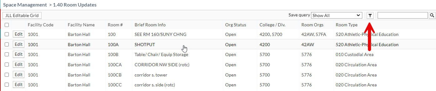 The search filter button is on the menu bar above the room data