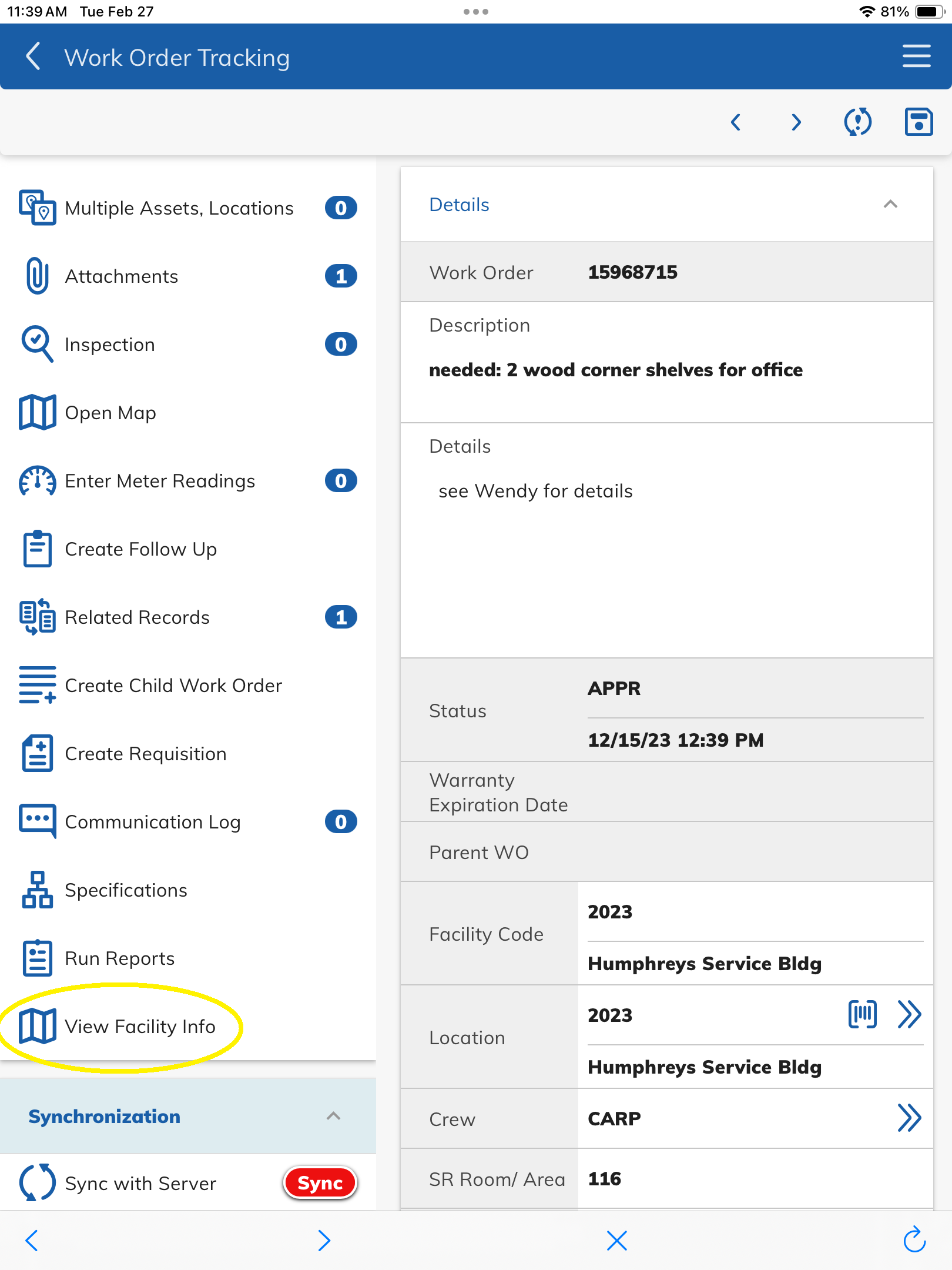 EZMaxMobile View Facility Info screenshot
