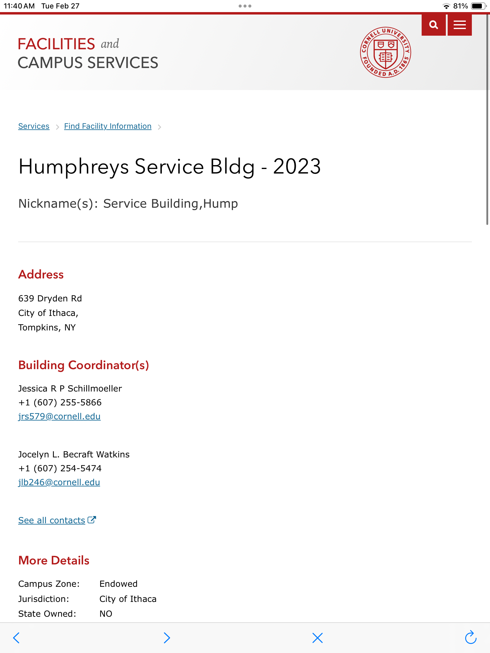 FCS Facility Info screenshot