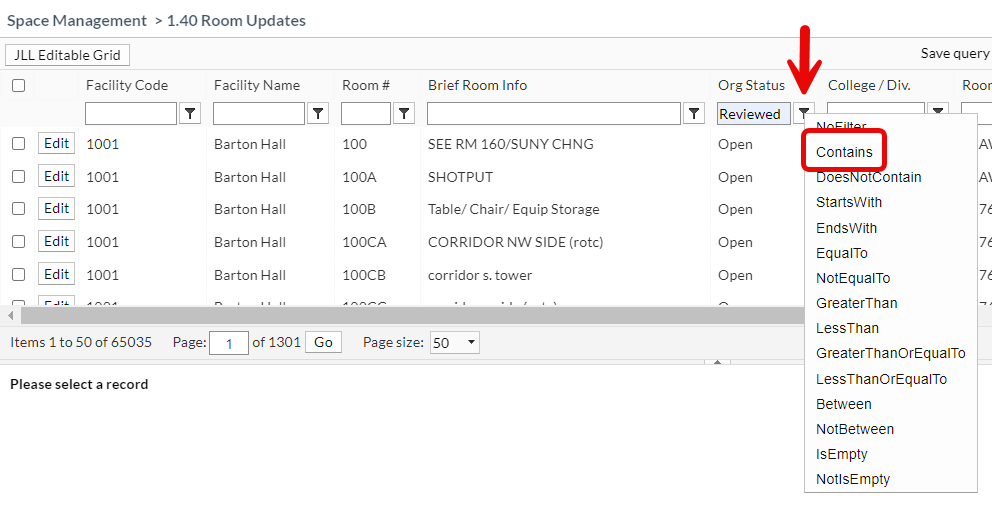 Search filter options include "Contains".
