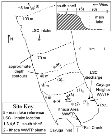 Map of Cayuga Lake with points identified as locations for sampling