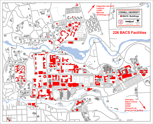 Overhead view of Cornell's campus with all 226 BACS Facilities highlighted